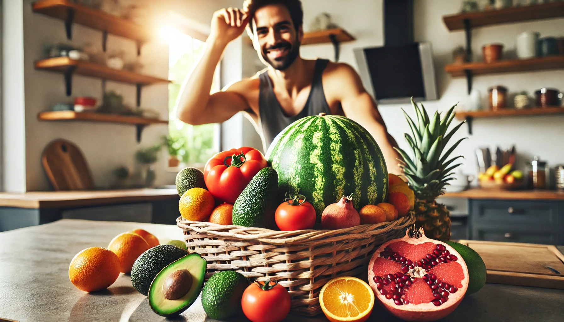 A basket of various fruits, including avocados, tomatoes, watermelons, citrus fruits, and pomegranates, which can help reduce enlarged prostate naturally. (2)